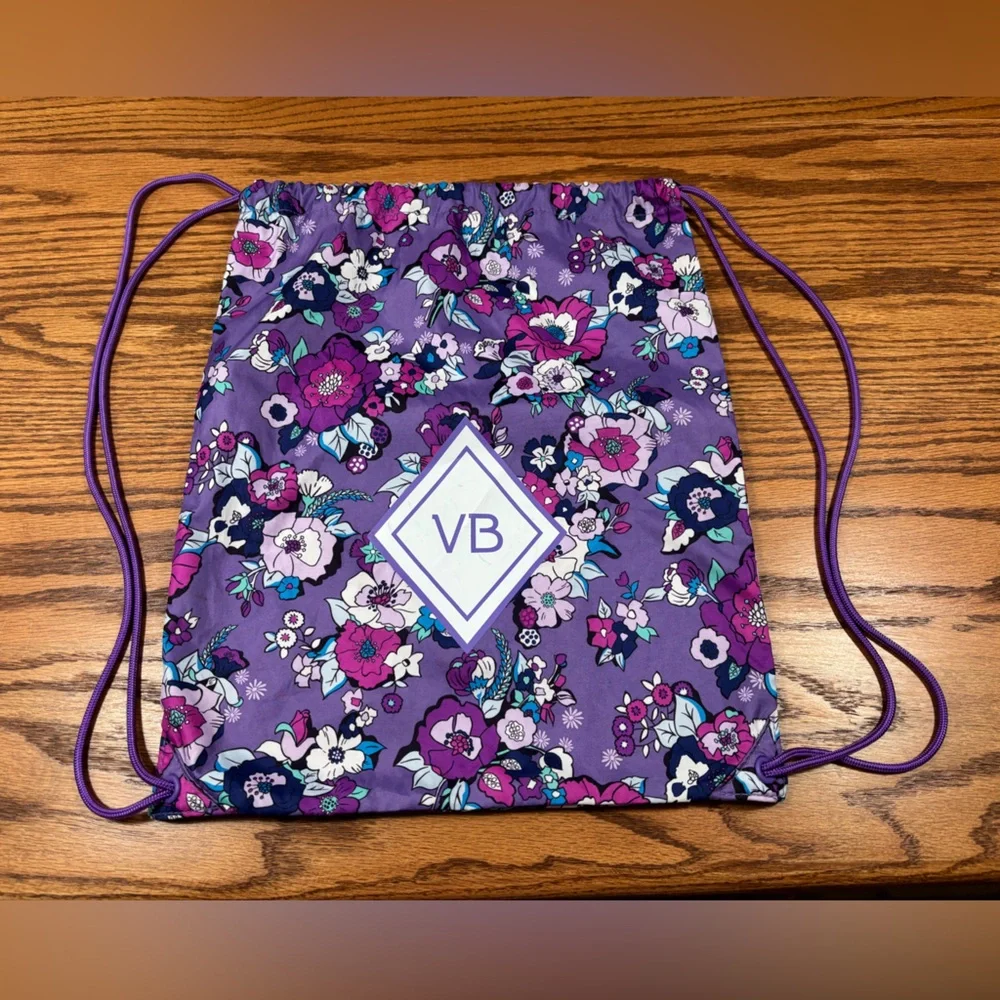 VERA BRADLEY Enchanted Garden Drawstring Bag Purple Floral Backsack - Picture 1 of 9
